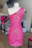 Bold Hot Pink One-Shoulder Sequined Short Dress for a Standout Homecoming BM bride