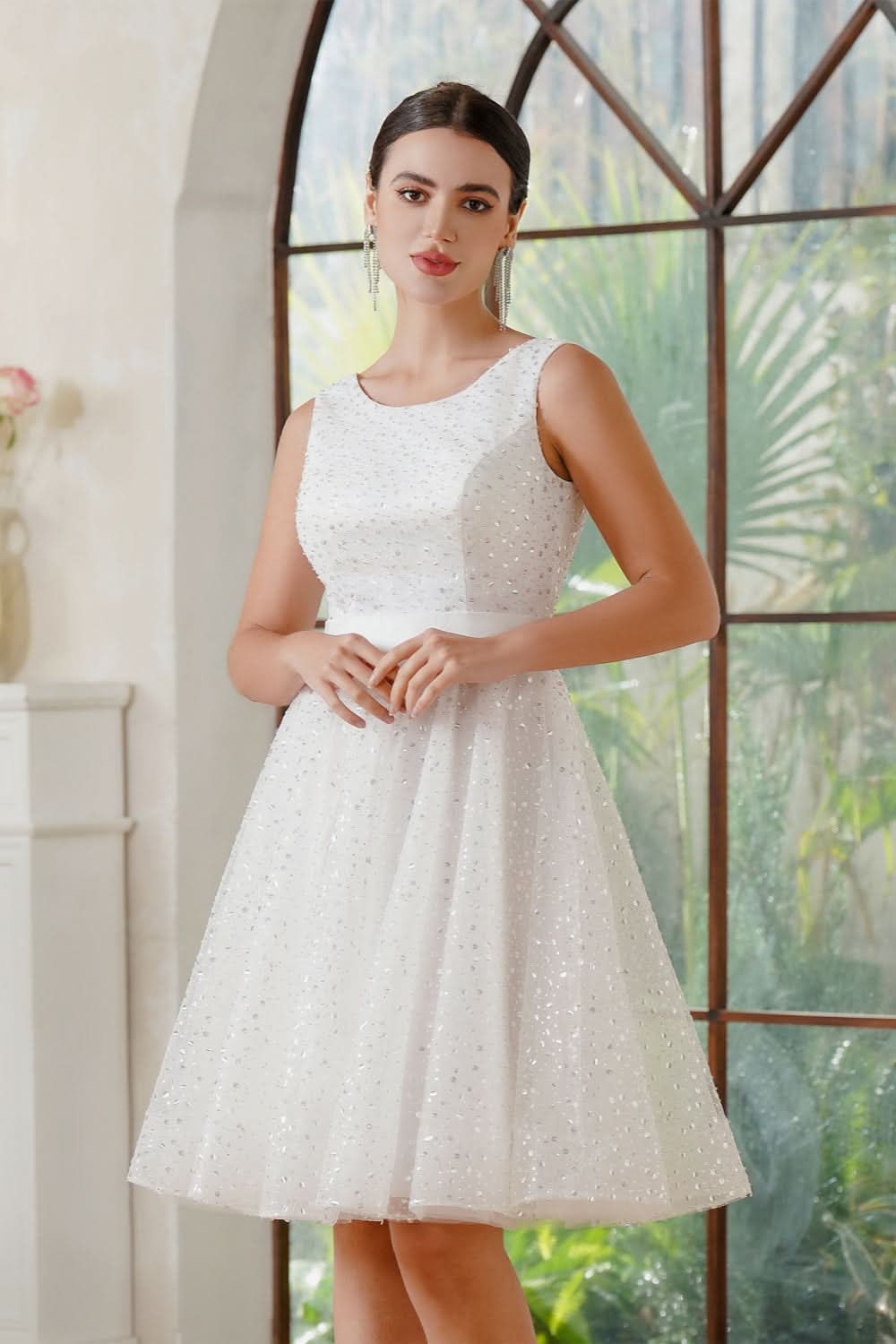 Scoop Neck Chiffon Short Prom Dress with Sequins, Sleeveless Knee-Length Party Gown BM bride