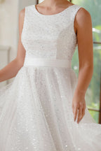 Scoop Neck Chiffon Short Prom Dress with Sequins, Sleeveless Knee-Length Party Gown BM bride