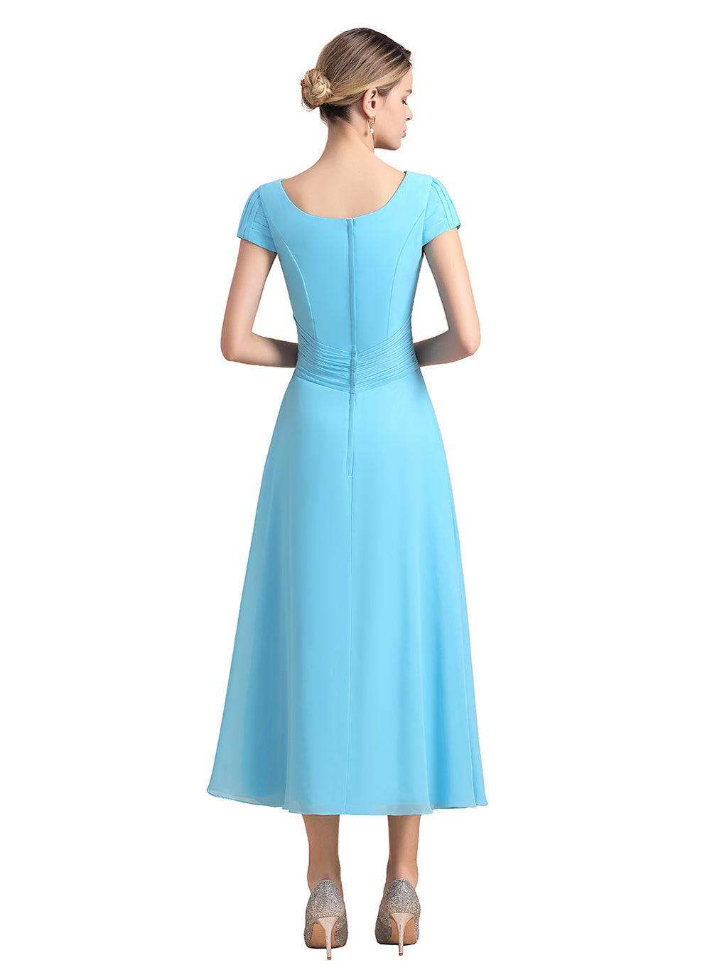 Short Sleeves Chiffon Tea-Length Dress BMbride