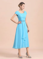 Short Sleeves Chiffon Tea-Length Dress BMbride