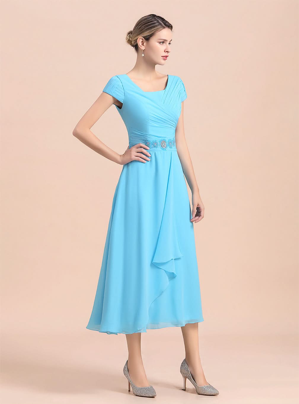 Short Sleeves Chiffon Tea-Length Dress BMbride
