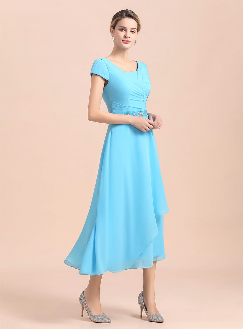 Short Sleeves Chiffon Tea-Length Dress BMbride