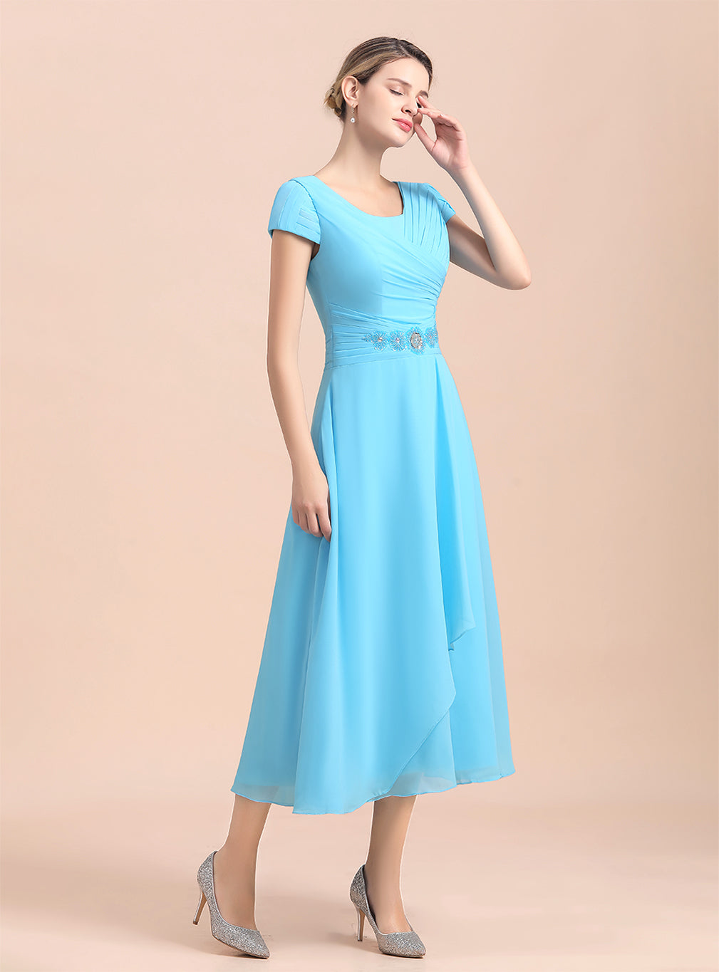 Short Sleeves Chiffon Tea-Length Dress BMbride