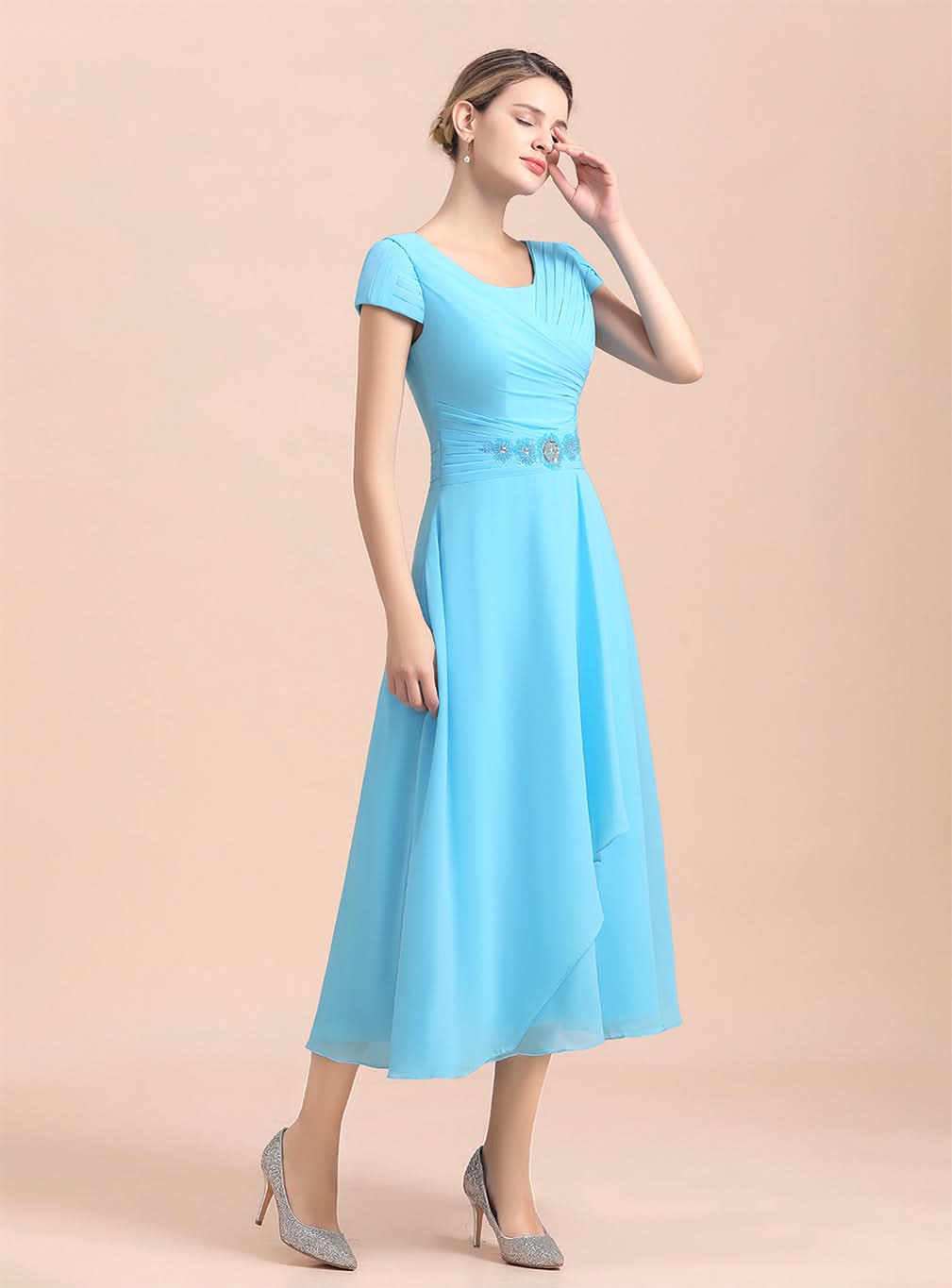 Short Sleeves Chiffon Tea-Length Dress BMbride