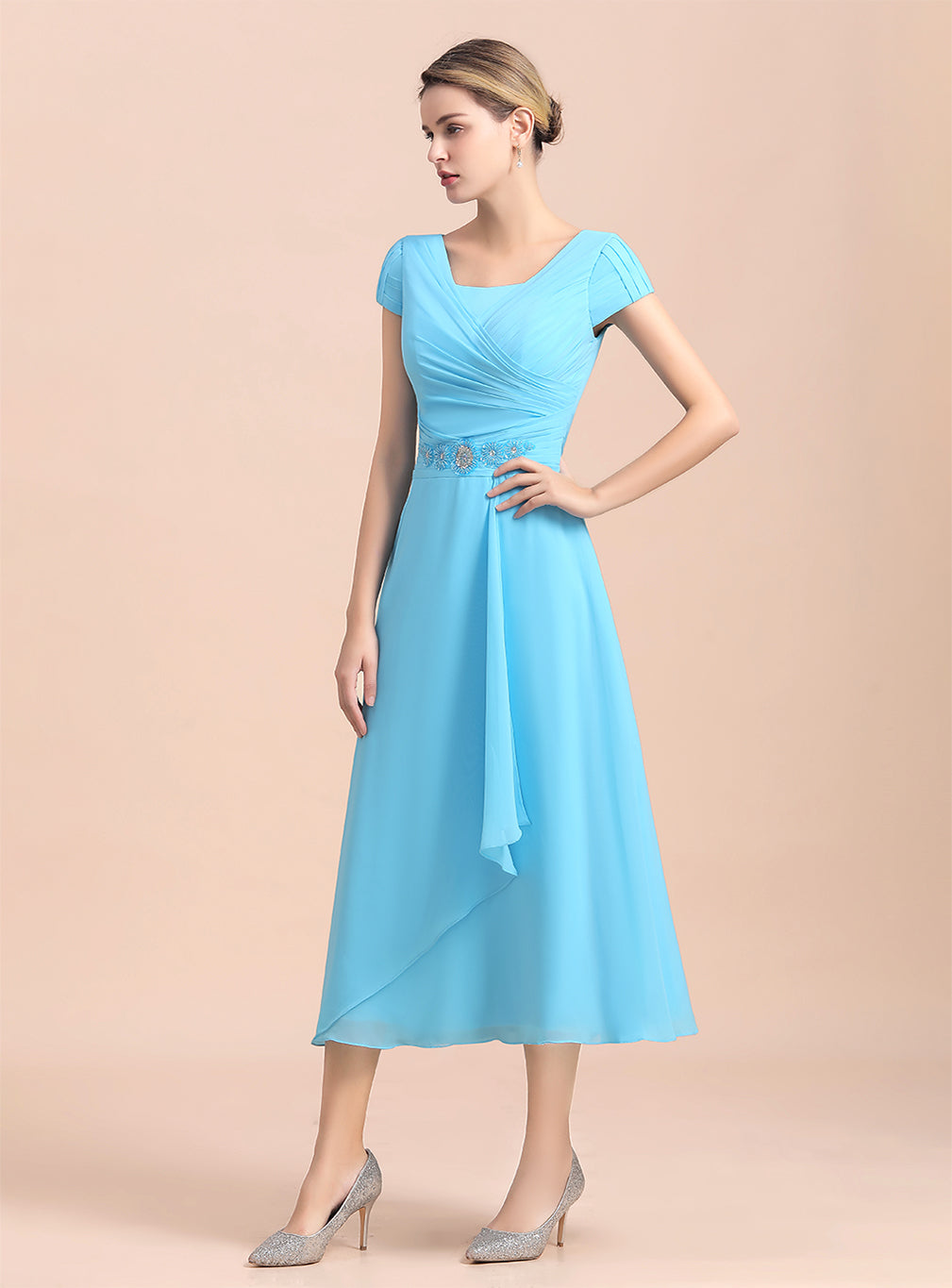 Short Sleeves Chiffon Tea-Length Dress BMbride