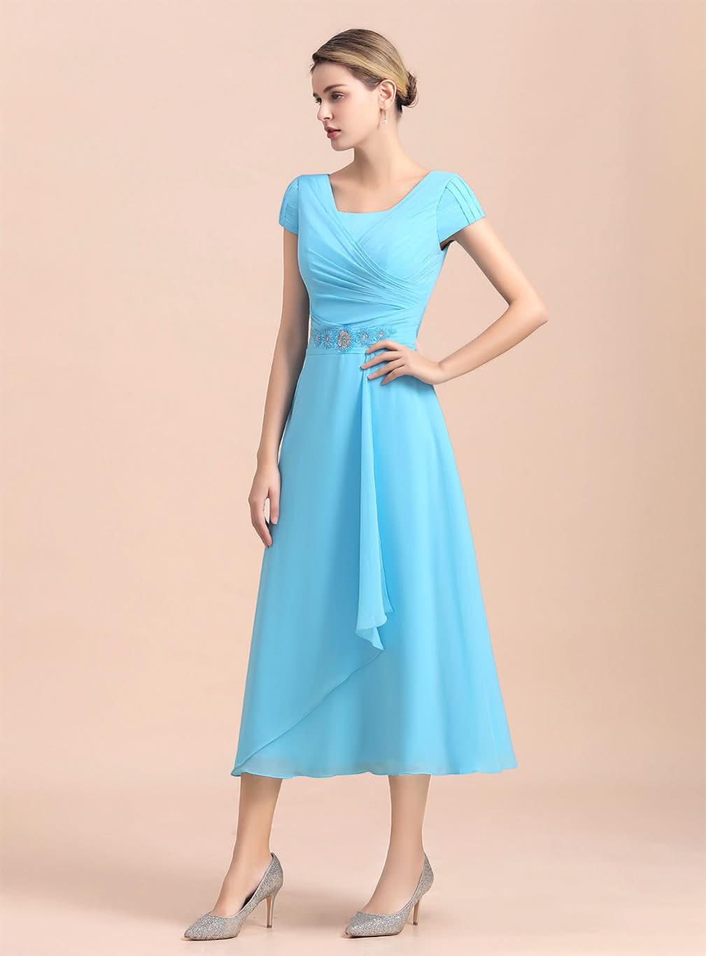 Short Sleeves Chiffon Tea-Length Dress BMbride