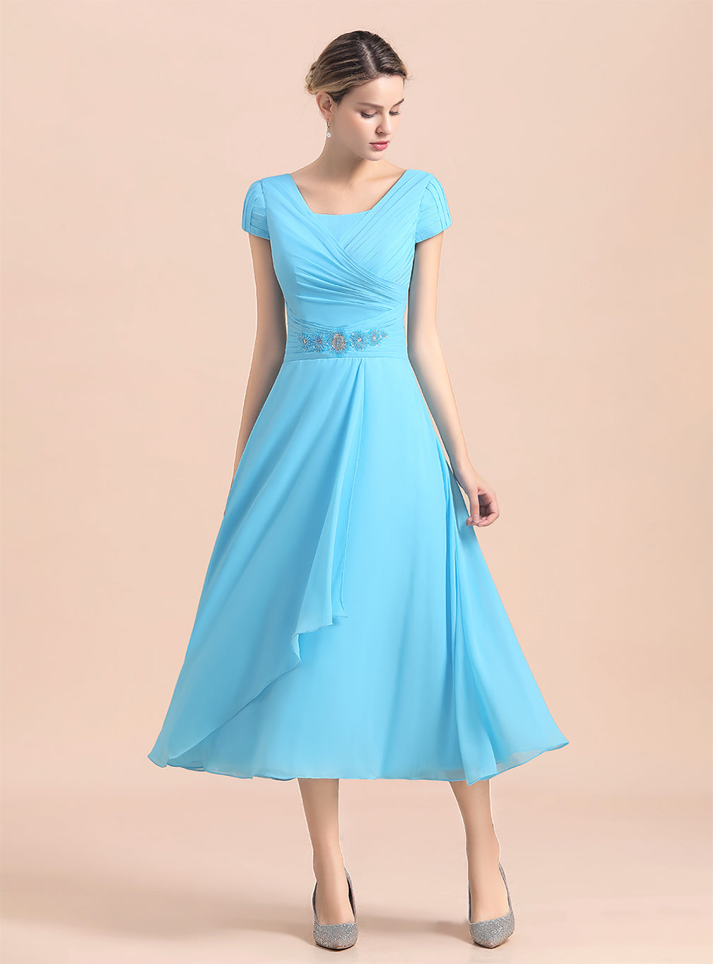 Short Sleeves Chiffon Tea-Length Dress BMbride