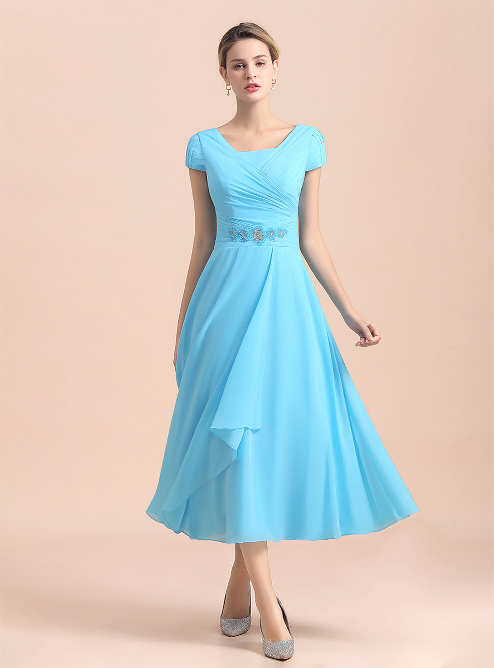Short Sleeves Chiffon Tea-Length Dress BMbride