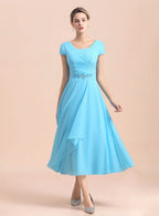 Short Sleeves Chiffon Tea-Length Dress BMbride