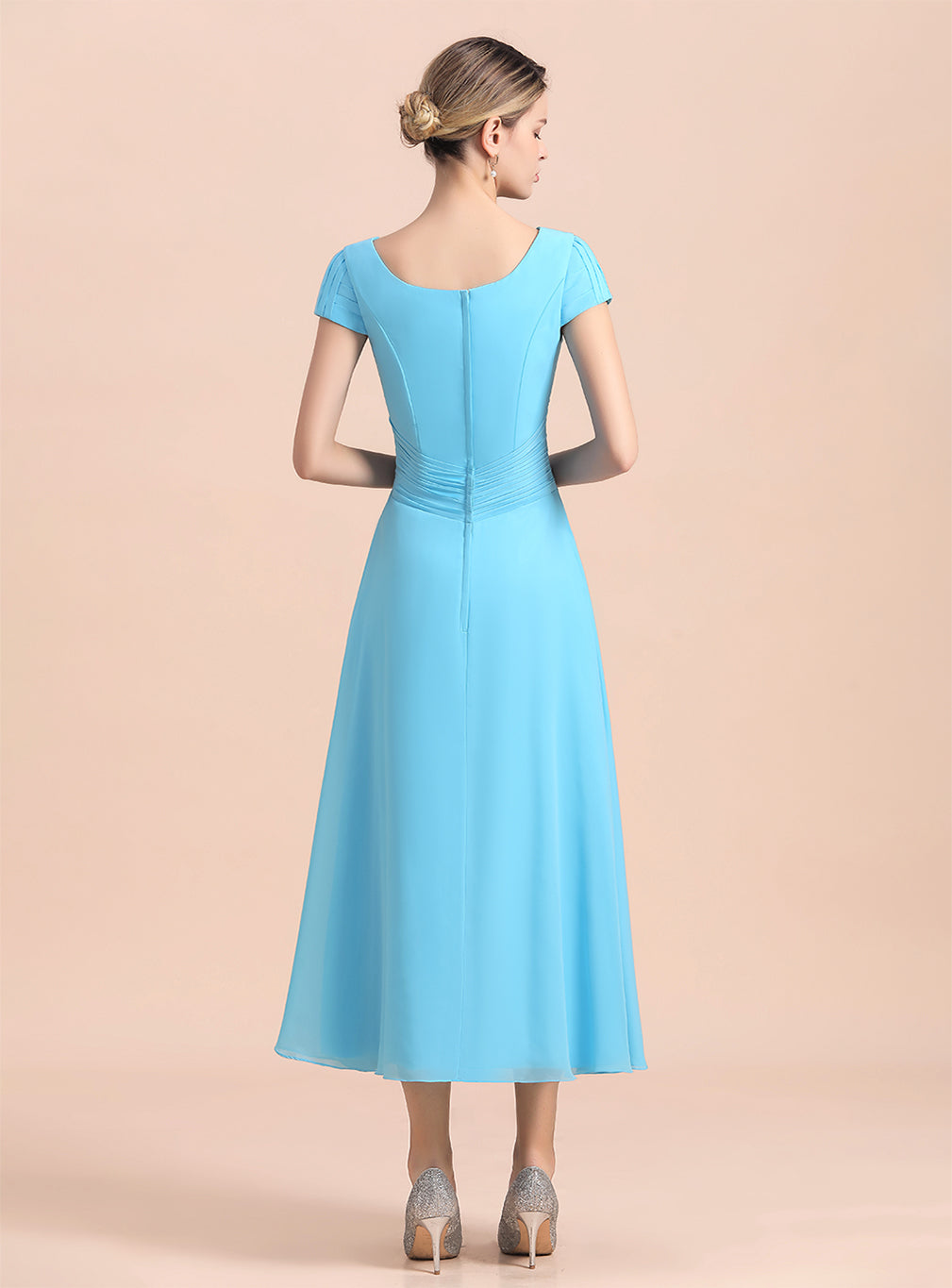 Short Sleeves Chiffon Tea-Length Dress BMbride
