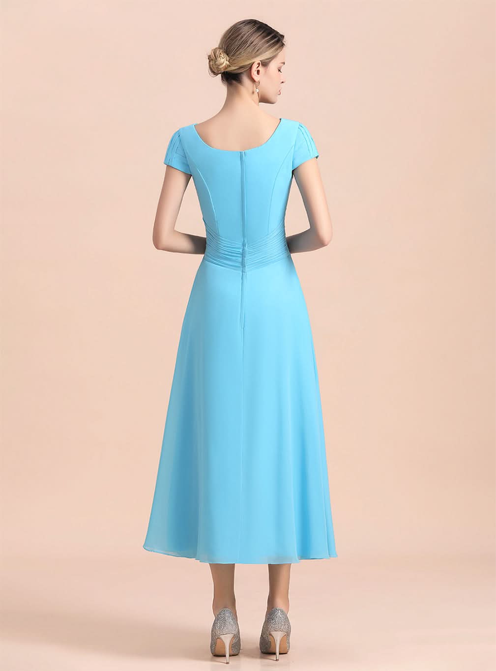 Short Sleeves Chiffon Tea-Length Dress BMbride