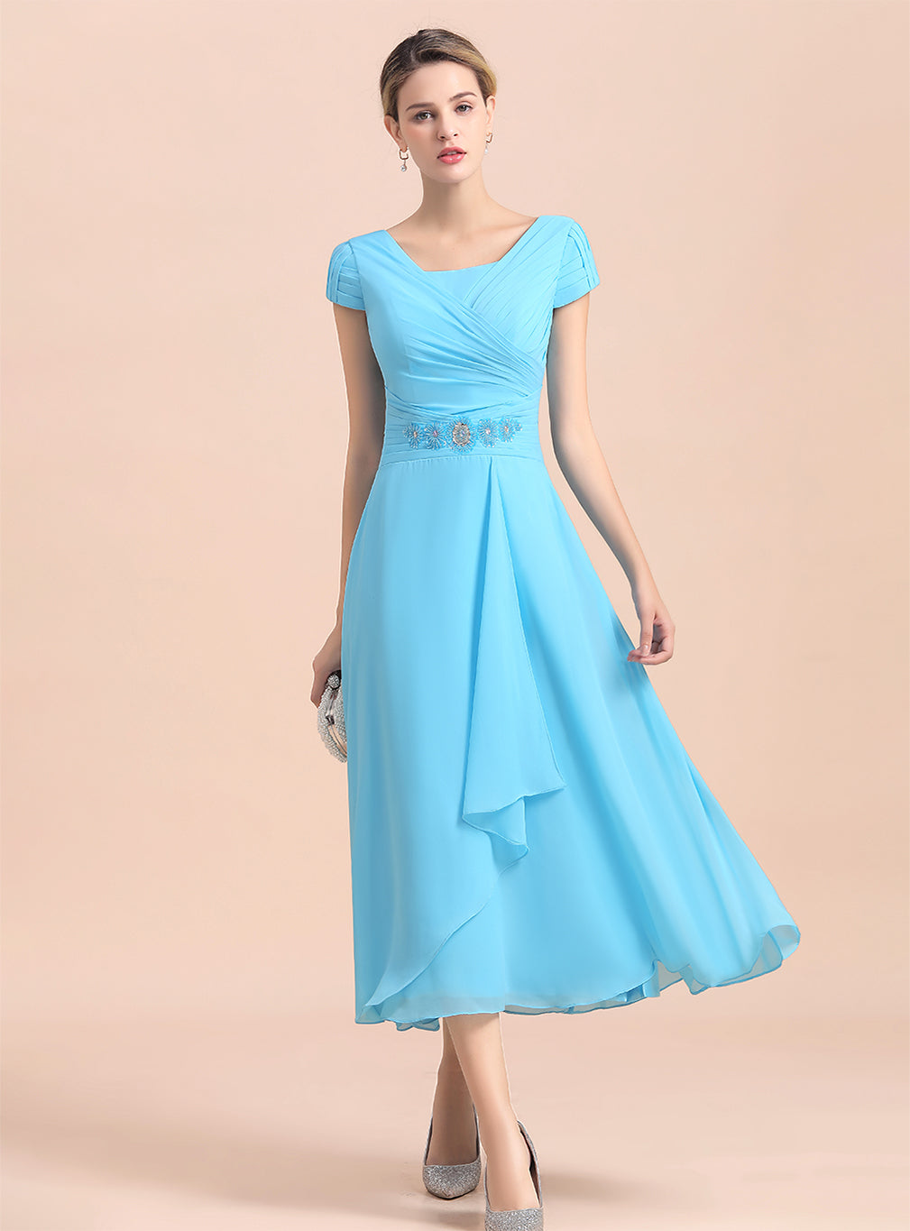 Short Sleeves Chiffon Tea-Length Dress BMbride