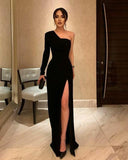 BMbride Simple Black Formal One Shoulder Slit Long Prom Dress BMbride