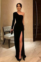 BMbride Simple Black Formal One Shoulder Slit Long Prom Dress BMbride