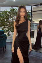 BMbride Simple Black Long One Shoulder Slit Mermaid Prom Dresses BMbride