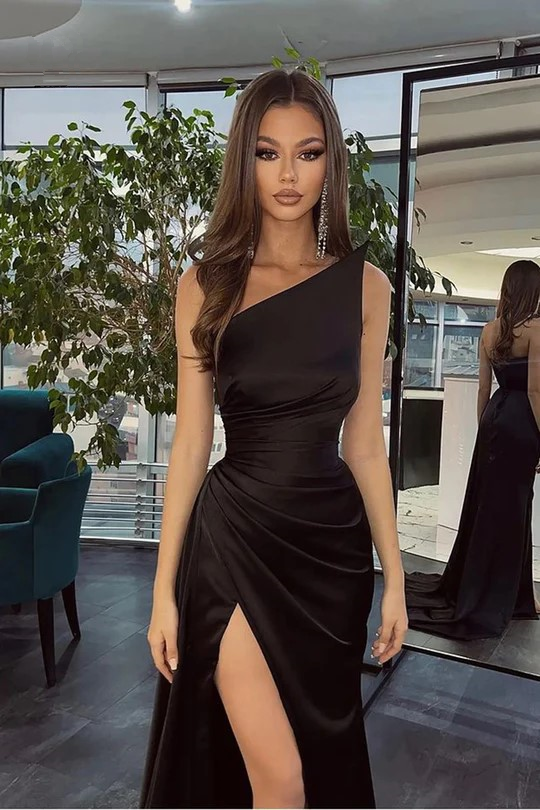 BMbride Simple Black Long One Shoulder Slit Mermaid Prom Dresses BMbride