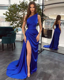 BMbride Simple Black Long One Shoulder Slit Mermaid Prom Dresses BMbride