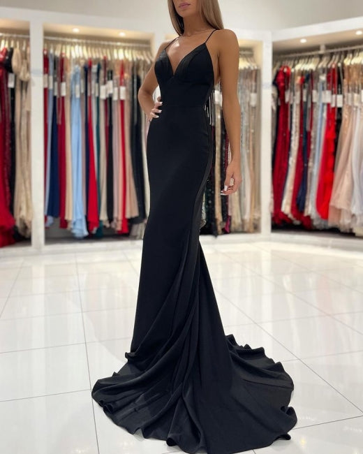 BMbride Simple Black Long Spaghetti Straps Mermaid Prom Dresses BMbride