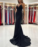 BMbride Simple Black Long Spaghetti Straps Mermaid Prom Dresses BMbride