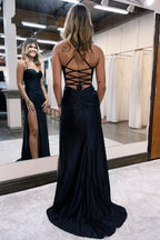 BMbride Simple Long Black Mermaid Spaghetti Straps Sequined Sleeveless Prom Dress With Slit BMbride