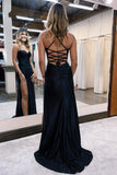 BMbride Simple Long Black Mermaid Spaghetti Straps Sequined Sleeveless Prom Dress With Slit BMbride
