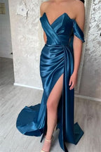 BMbride Simple Long Blue Off-the-shoulder Prom Dress With Slit BMbride