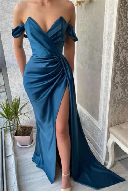 BMbride Simple Long Blue Off-the-shoulder Prom Dress With Slit BMbride