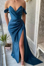 BMbride Simple Long Blue Off-the-shoulder Prom Dress With Slit BMbride