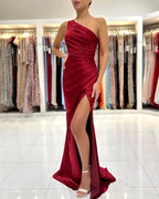 BMbride Simple Long Burgundy One Shoulder Satin Mermaid Evening Dresses With Slit BMbride