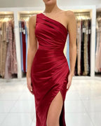 BMbride Simple Long Burgundy One Shoulder Satin Mermaid Evening Dresses With Slit BMbride