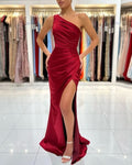 BMbride Simple Long Burgundy One Shoulder Satin Mermaid Evening Dresses With Slit BMbride