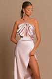 BMbride Simple Long Pink Halter Satin Sleeveless Prom Dress With Slit BMbride