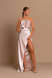 BMbride Simple Long Pink Halter Satin Sleeveless Prom Dress With Slit BMbride