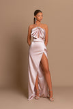BMbride Simple Long Pink Halter Satin Sleeveless Prom Dress With Slit BMbride
