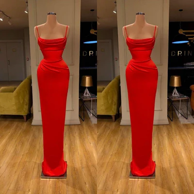 BMbride Simple Long Red Spaghetti Straps Mermaid Sleeveless Prom Dress BMbride