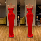 BMbride Simple Long Red Spaghetti Straps Mermaid Sleeveless Prom Dress BMbride