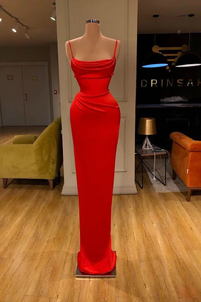 BMbride Simple Long Red Spaghetti Straps Mermaid Sleeveless Prom Dress BMbride