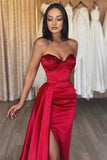 BMbride Simple Long Red Sweetheart Sequined Prom Dress With Slit BMbride