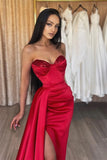 BMbride Simple Long Red Sweetheart Sequined Prom Dress With Slit BMbride