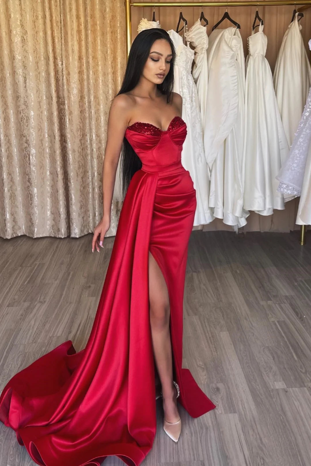 BMbride Simple Long Red Sweetheart Sequined Prom Dress With Slit BMbride