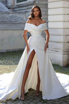 BMbride Simple Long White Off-the-shoulder Split Front Wedding Dress With Detachable Train BMbride