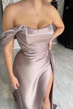 BMbride Simple Off-the-shoulder Sleeveless Satin Split Front Mermaid Prom Dress BMbride