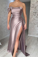 BMbride Simple Off-the-shoulder Sleeveless Satin Split Front Mermaid Prom Dress BMbride