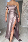 BMbride Simple Off-the-shoulder Sleeveless Satin Split Front Mermaid Prom Dress BMbride