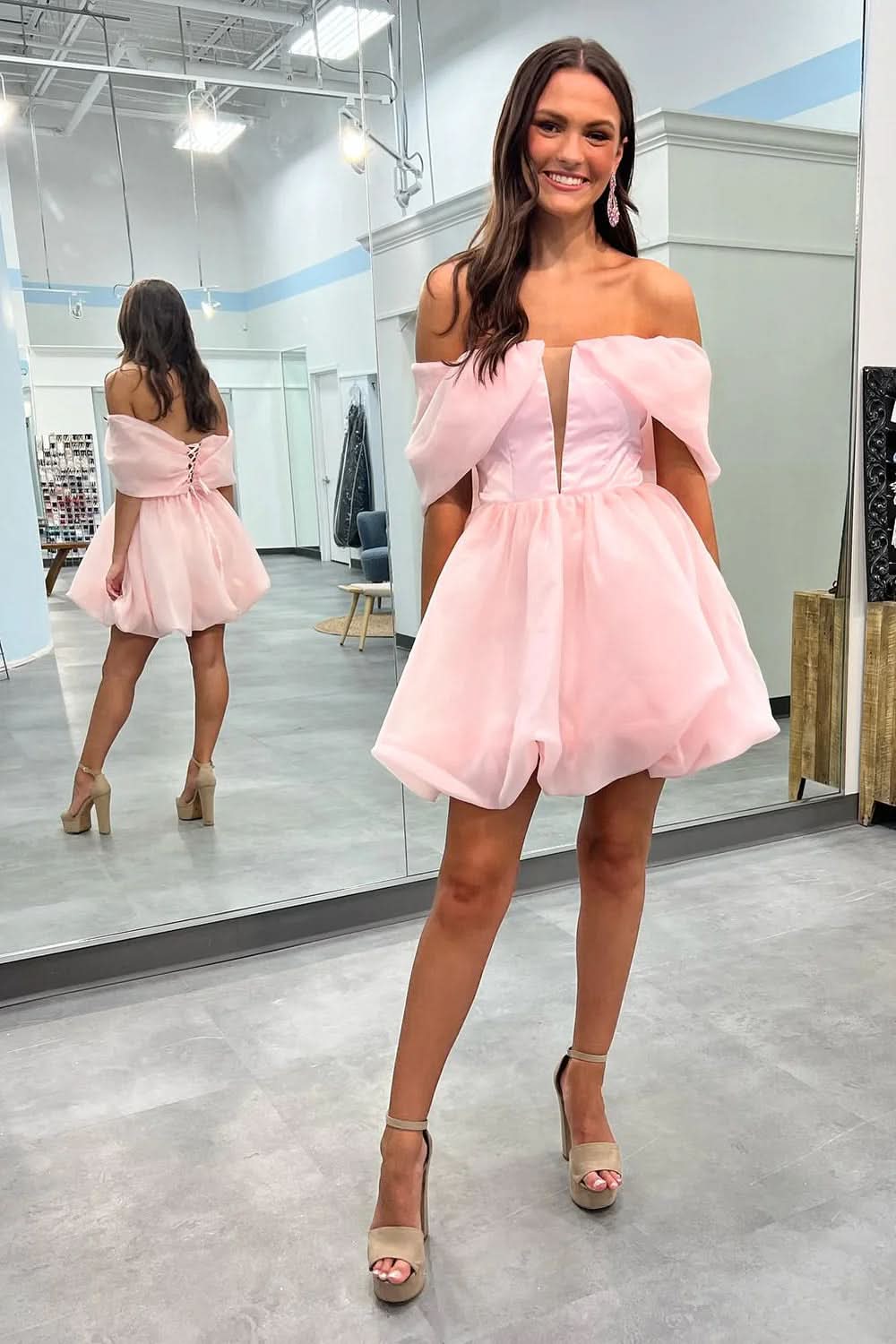 Simple Yet Sophisticated Pink A-Line Off the Shoulder Short Homecoming Dress BM bride