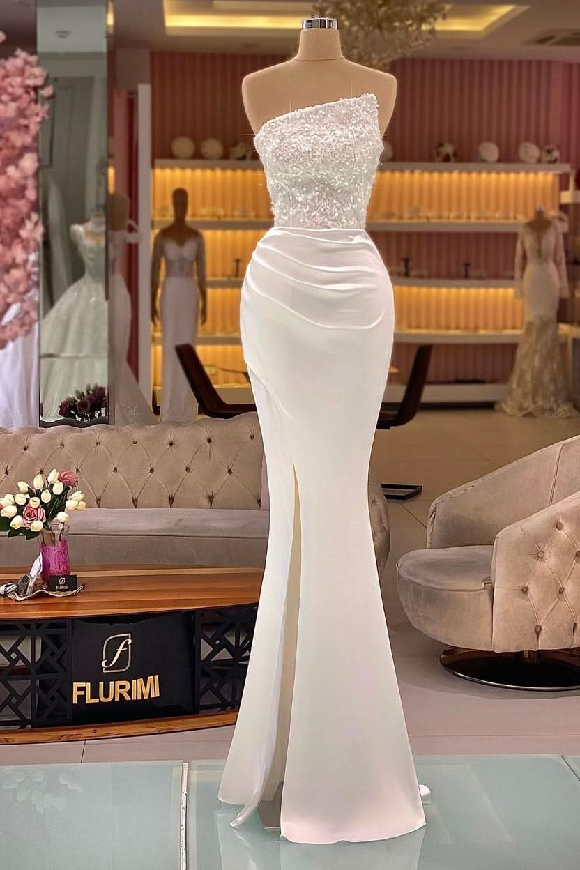 Plain Sequined Sleeveless Mermaid Prom Dress Revealing a Slit BM bride