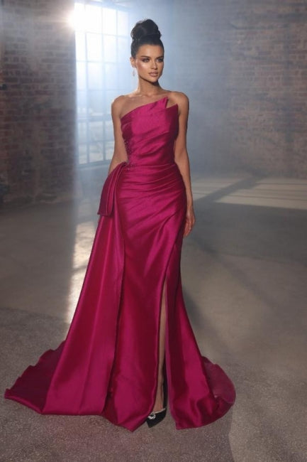 BMbride Simple Sleeveless Evening Dresses Fuchsia Long Prom Dresses With Slit BMbride