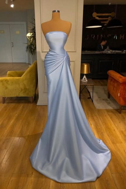 BMbride Simple Strapless Mermaid Evening Dresses Long Blue Prom Dresses BMbride