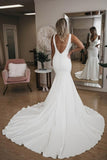 BMbride Simple V Neck Pretty Mermaid with Long Train Sexy Backless Beach Elegant Wedding Dresses BMbride